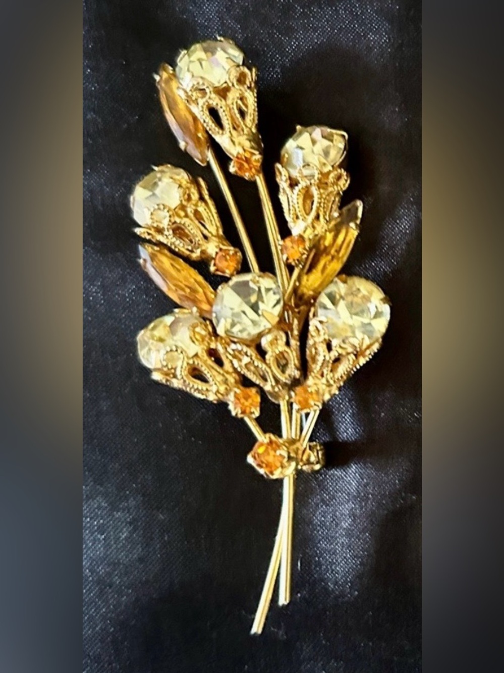 Vintage Gold Floral Crystal Bouquet Brooch - Women Jewelry